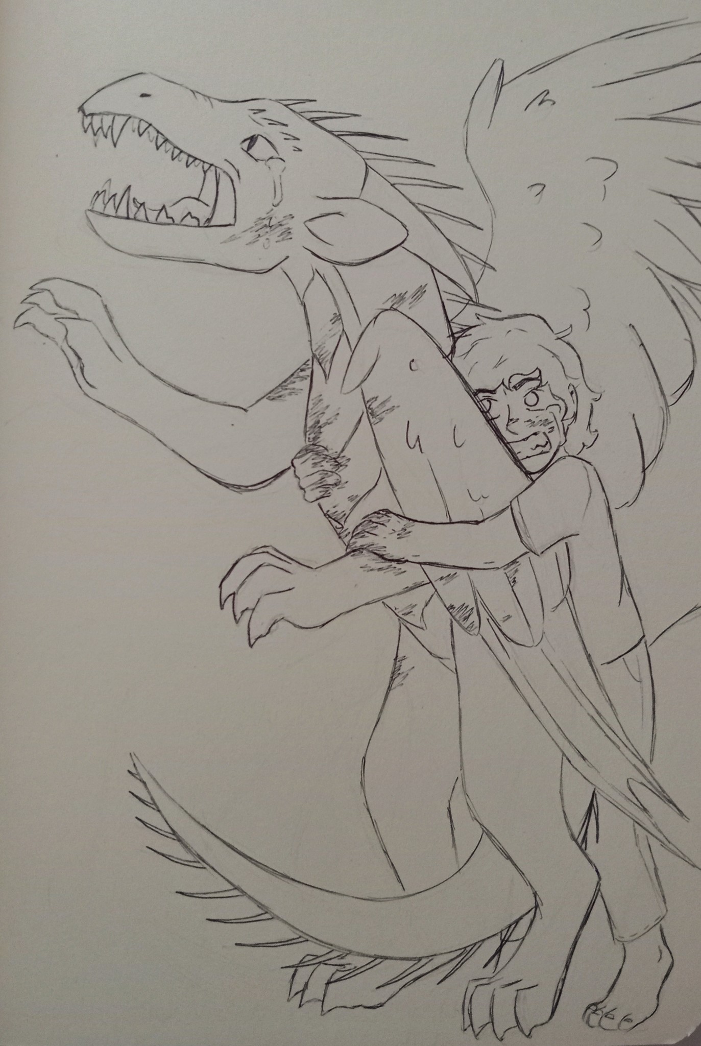 traditional drawing of a human and a dragon. the dragon appears very distressed, standing on two legs with its tail between them and looking up at the sky, its mouth open in a roar and tears running down its face. one of its wings is restrained by the human, the other struggling to open, and one paw is extended towards the sky while the other tries to break free. the human is shorter than the dragon, and fights to restrain it with a pained expression in her face and tears in her eyes. both are stained with blood from the human's hands.