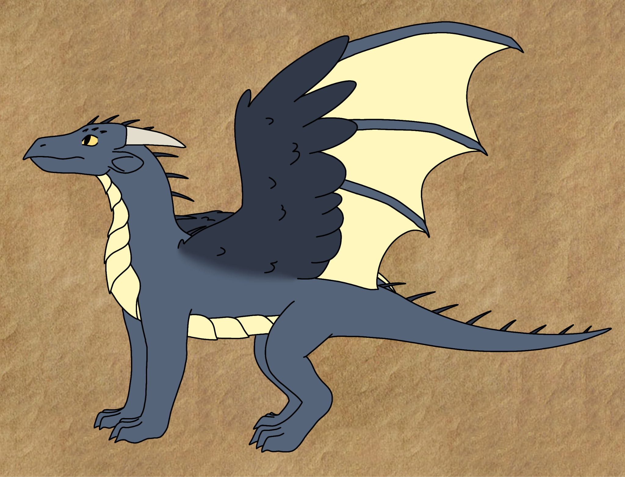 Digital drawing of a greyish blue dragon with half-feathered wings. The feathered half on the wings is dark blue, while the membraned half is pale yellow. It has bigger scales on the front of its neck and torso, the same pale yellow as the wings. It has darker spines running down from neck to tail, and over the eyes as well. Its eyes are amber and its face ends in a pointy beak, with two white horns and two long ears. It has four legs with claws in each finger. Its tail is long and held in a straight position.