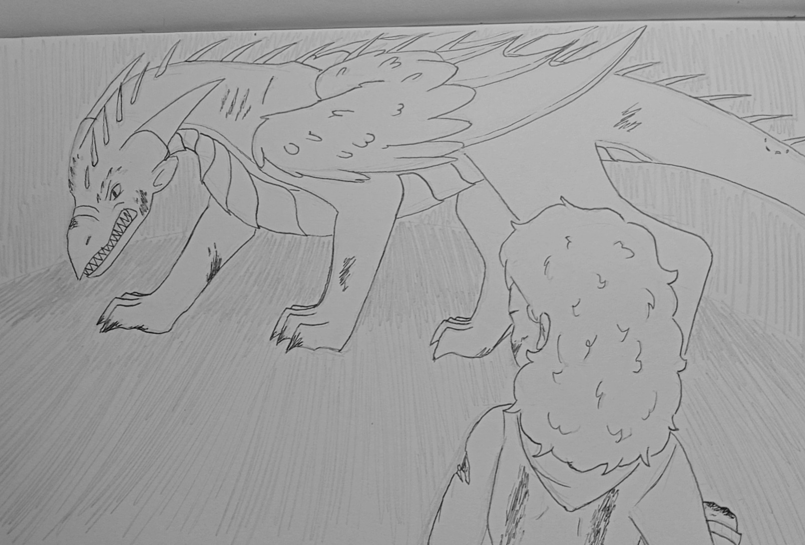 traditional drawing of a dragon and a human circling eachother. they both are in fighting positions, the dragon baring its teeth and the human with her fists in front of her body.