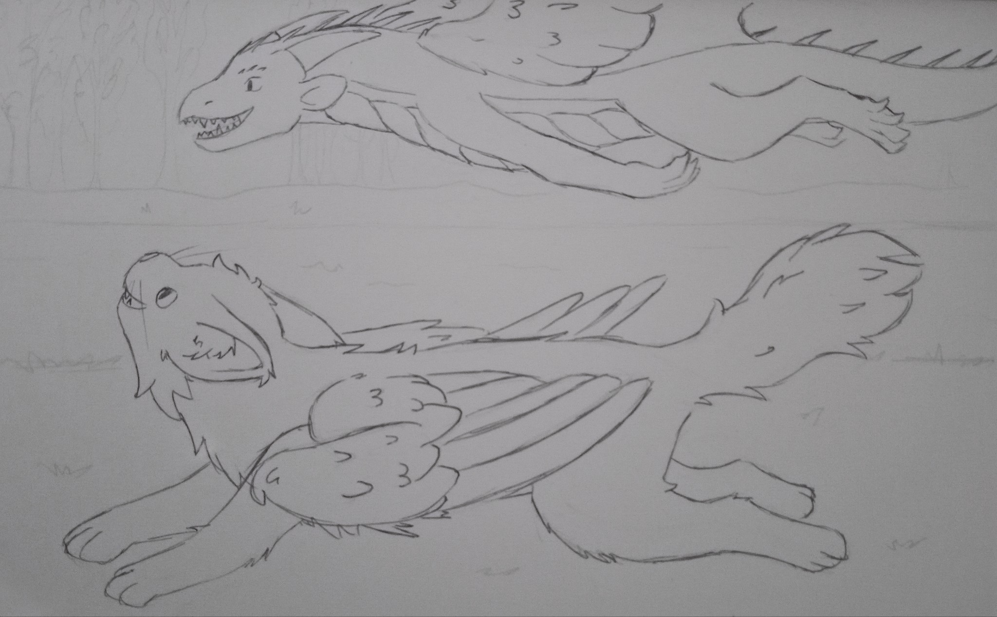 traditional drawing of a winged cat and a dragon flying together, both with happy expressions on their faces.