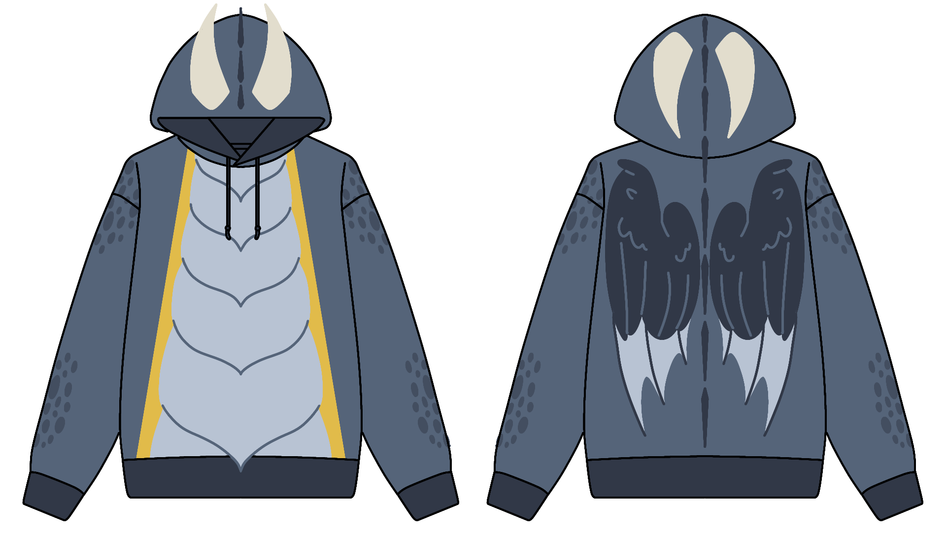 Front and back view of a digital hoodie design modeled after a blue-gray dragon. The hood has white horns that stick out and a small line of dark blue-gray spikes down the middle. The center of the front of the hoodie is light blue-gray with detailing to show belly scutes. A gold line frames them. Speckles of dark blue-gray scales accent the shoulders and wrist areas. The back of the hoodie shows the line of spikes from the hood travels down the length of the back between a set of leathery wings topped with feathers. The wings appear to be flat to the fabric. The cuffs and bottom of the hoodie are bordered with dark blue-gray that matches the inside of the hood.