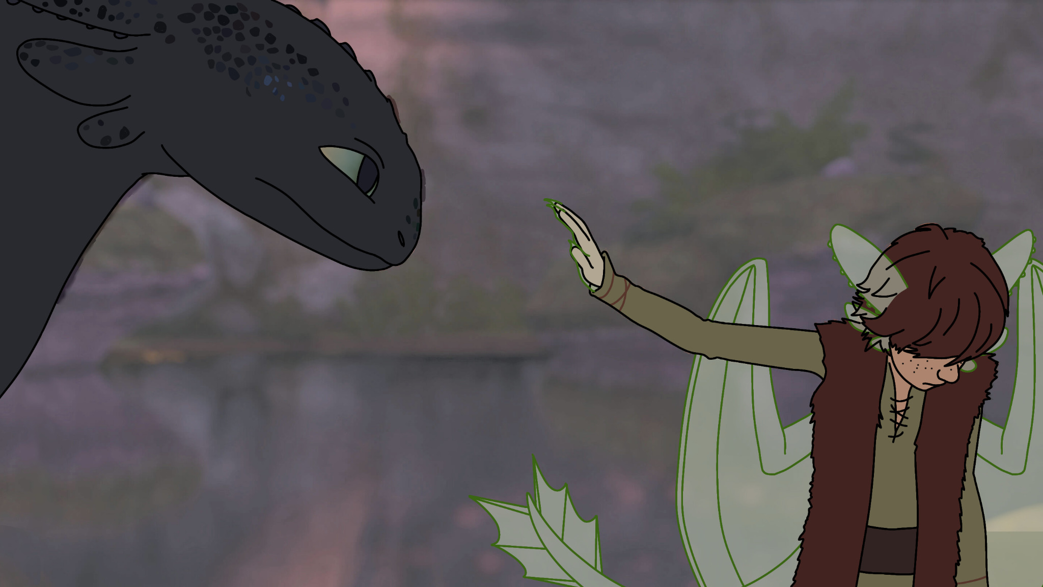 Re-drawn screenshot of the movie How To Train Your Dragon, where we can see Hiccup reaching over Toothless. Over Hiccup there are drawn draconic features including wings, a tail, claws and night fury ears. The phantom limbs are see-through and green.