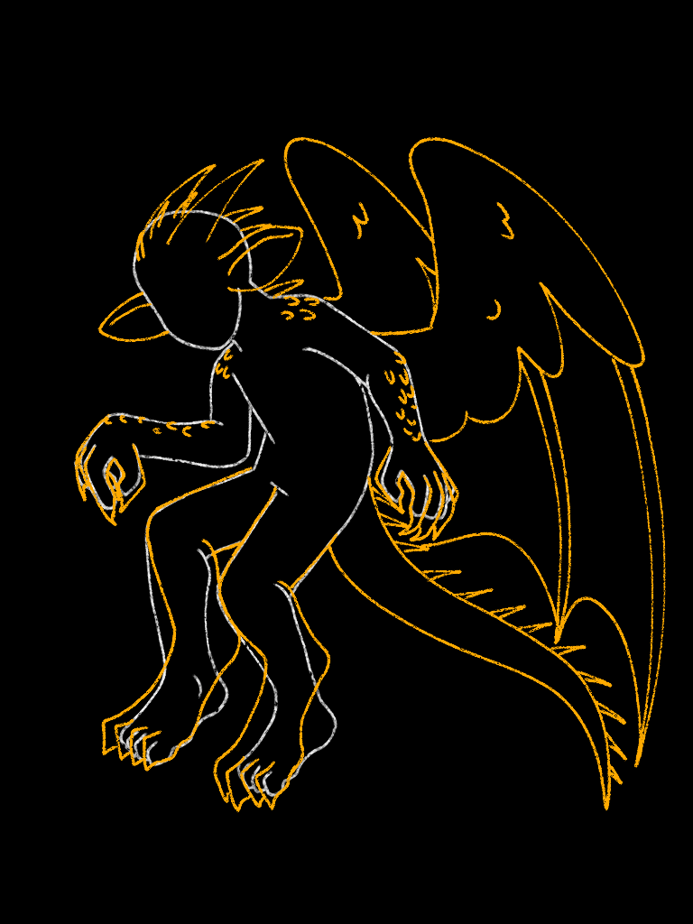 White outline of a human against a black background. Overlay on top is the golden outline of draconic features including wings, a tail, claws and spikes.