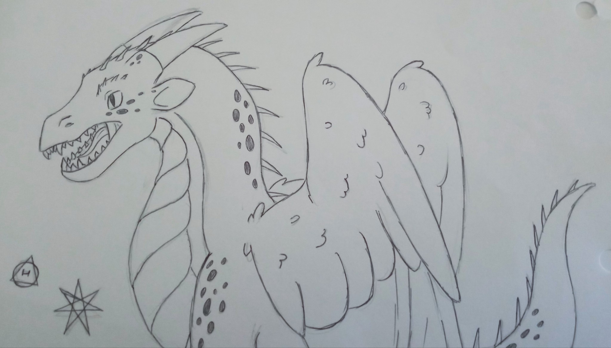 Portrait sketch of a scaled dragon with leather-y wings topped with feathers and a spiked tail. A theta delta and seven-pointed star is beside void. The drawing is uncolored.