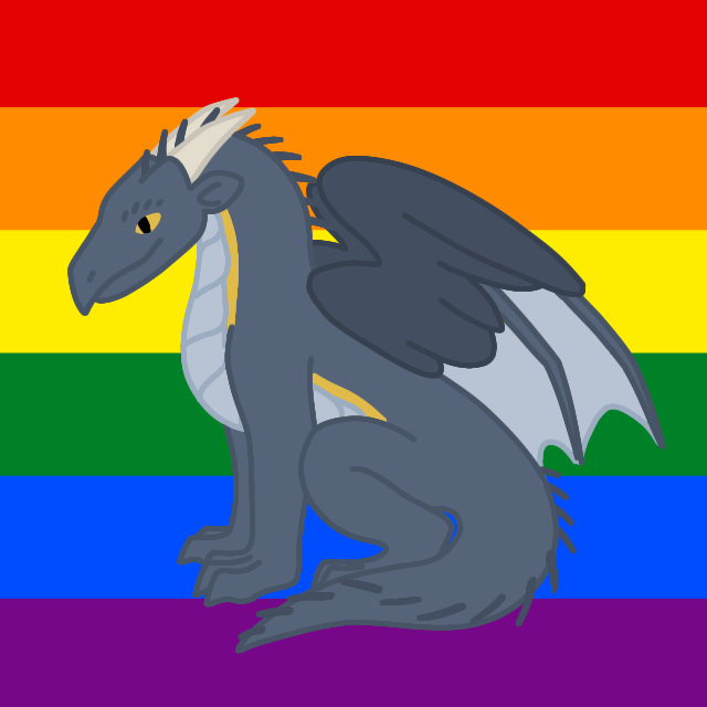 digital drawing of a blue dragon over a pride rainbow flag