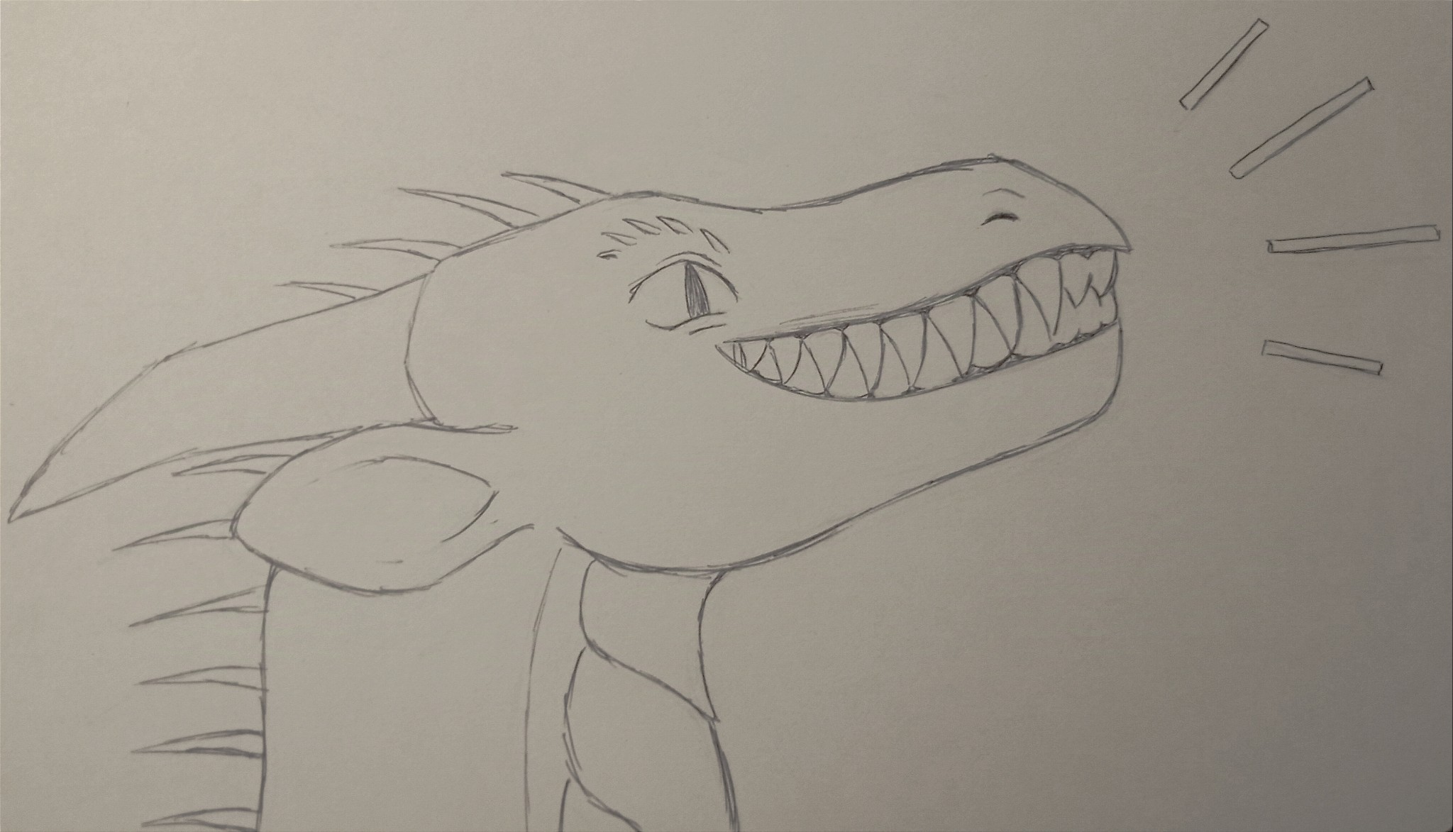 sketch of a dragon smiling with a mouth full of teeth. there are four lines next to its face to indicate happiness.