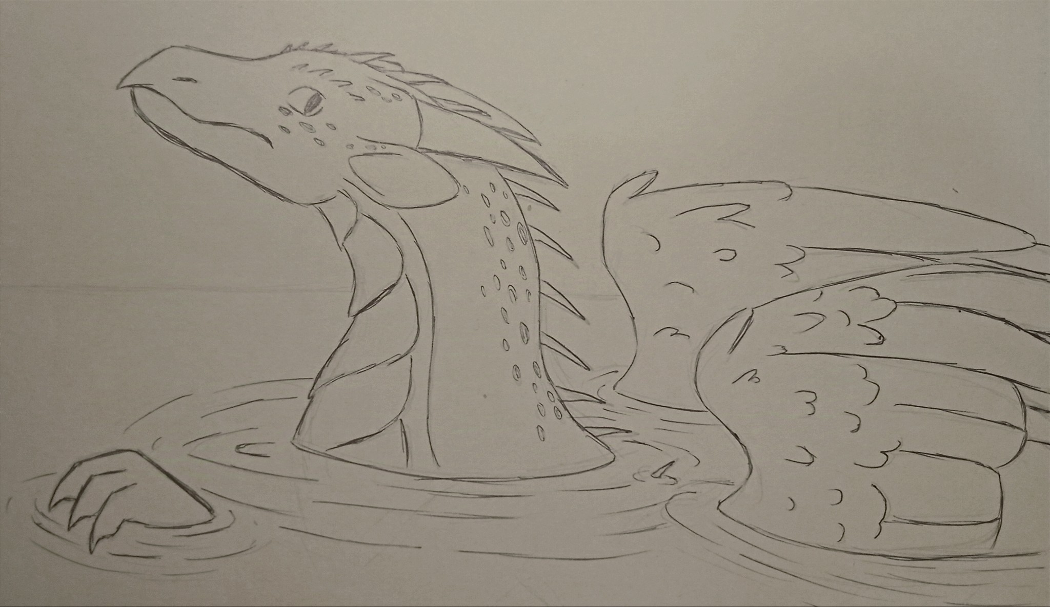 Pencil sketch of a 6-limbed dragon wading through water. Its head, feathered wings and a single fore-paw are all that are visible above the waves.