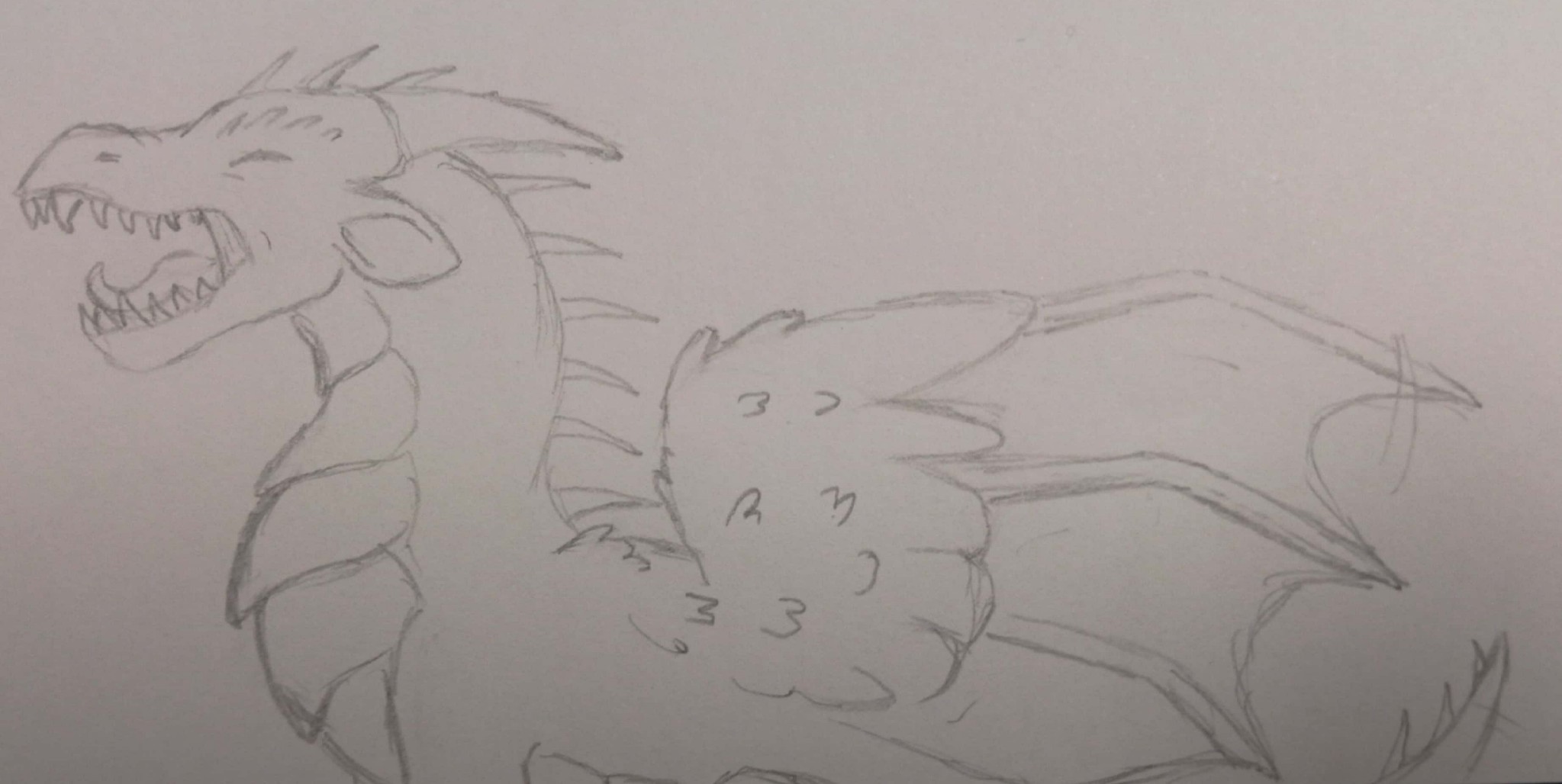 a dragon yawning with its eyes closed and its wings open, its wing feathers all poofed up. its tail and spines have risen with the yawn and its ears are pointing down.