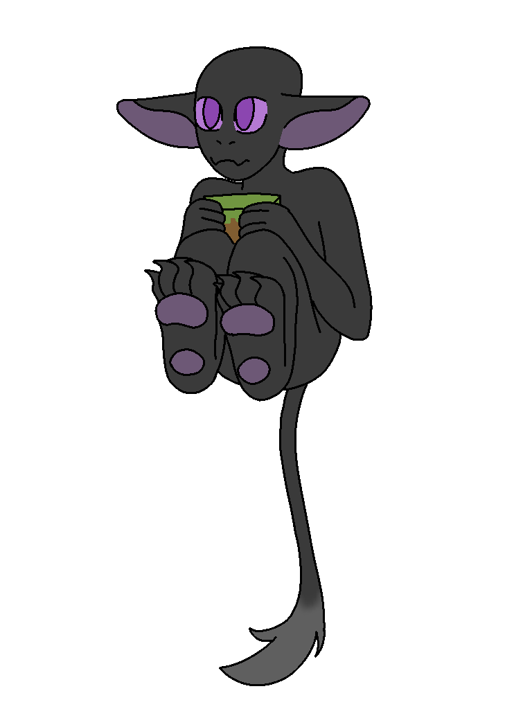 a drawing of a young enderman being held by the scruff, holding a small block of grass with its front paws. its back paws are on the air, showing its purple footpads, and its tail hangs limply under it. its staring at the camera with a slightly anxious expression, though its ears are in a relaxed position, showing it might be uncomfortable but not scared.