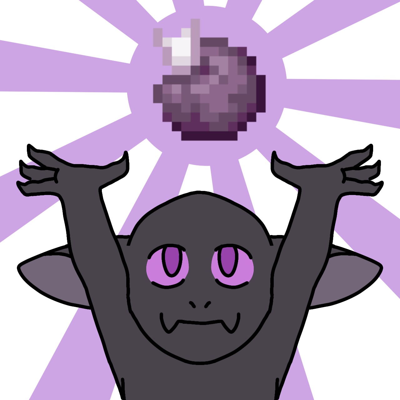 digital drawing of an enderman from the videogame Minecraft (a humanoid creature with black skin, purple eyes and long ears), with its arms raised in the air towards a pixelated sprite of a chorus fruit.