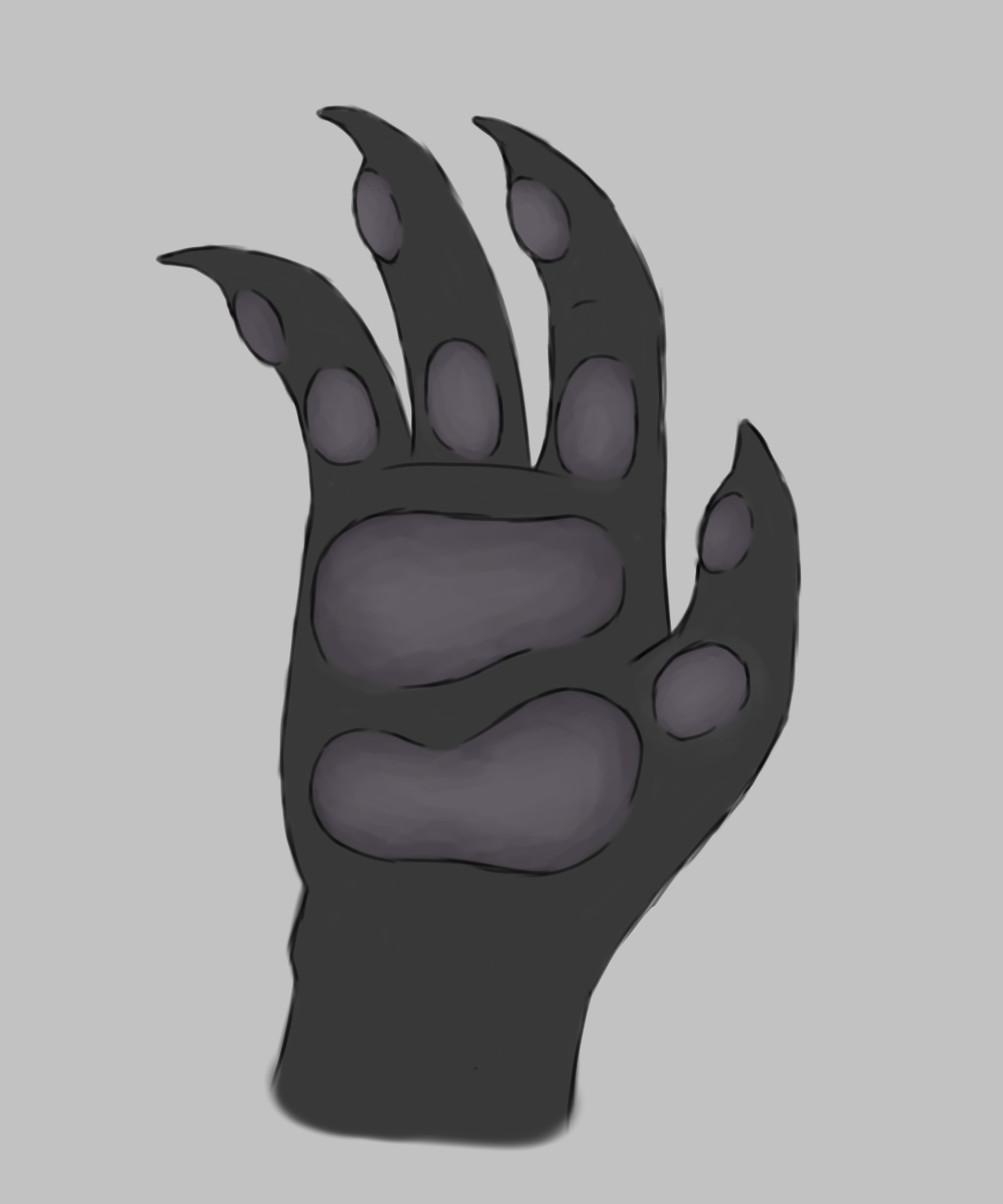 digital drawing of a four-fingered hand with black skin. the fingers end in claws and the palm has purplish-grey paw pads that also cover the front of the fingers.