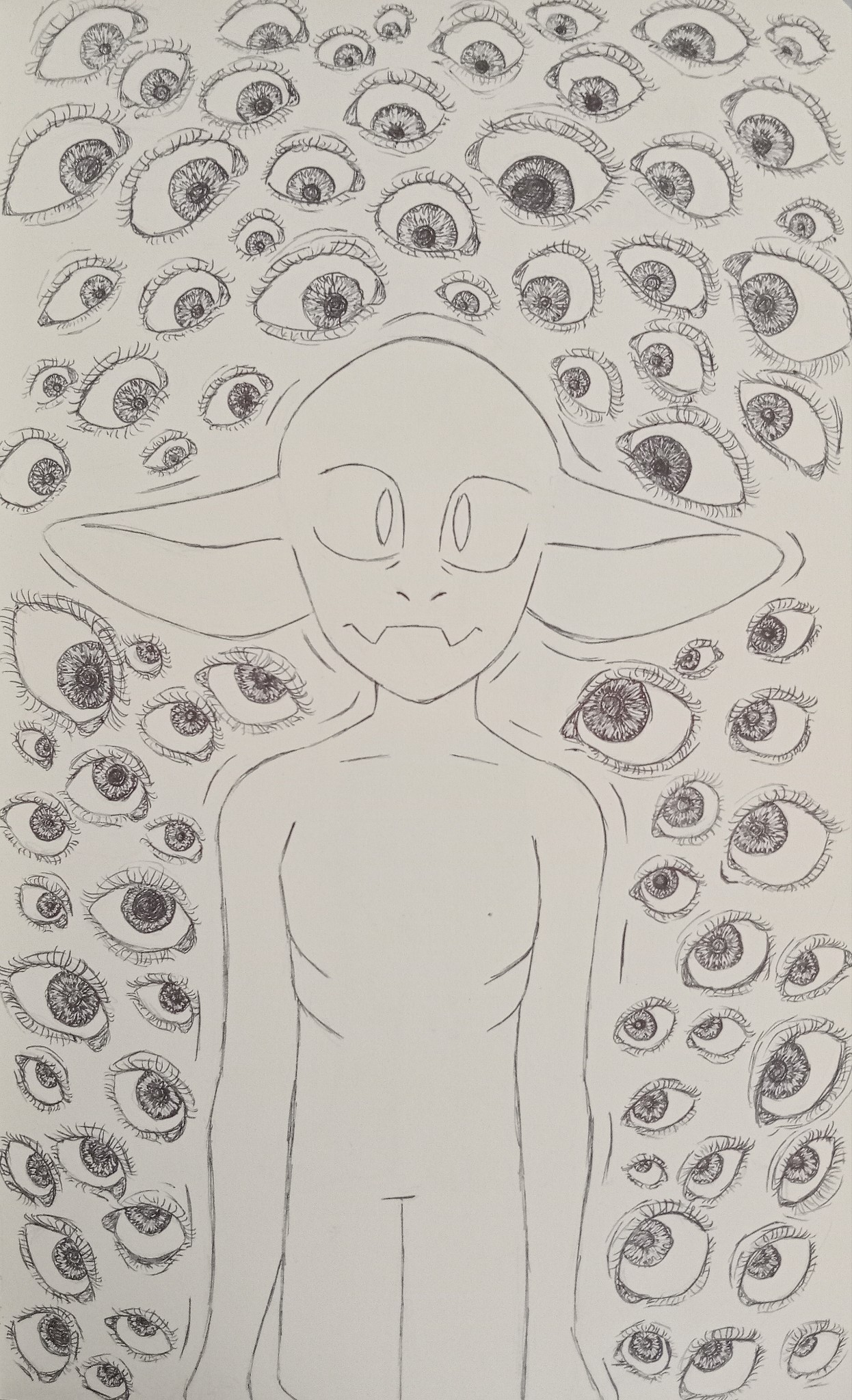 A traditional drawing of an enderman from Minecraft, surrounded by dozens of hyper-realistic eyes of various sizes and expressions. The enderman stares at the camera with a terrified expression, exhibiting tense body language with pinned ears and its tail wrapped around its leg. Its body is held very rigidly as though paralyzed.