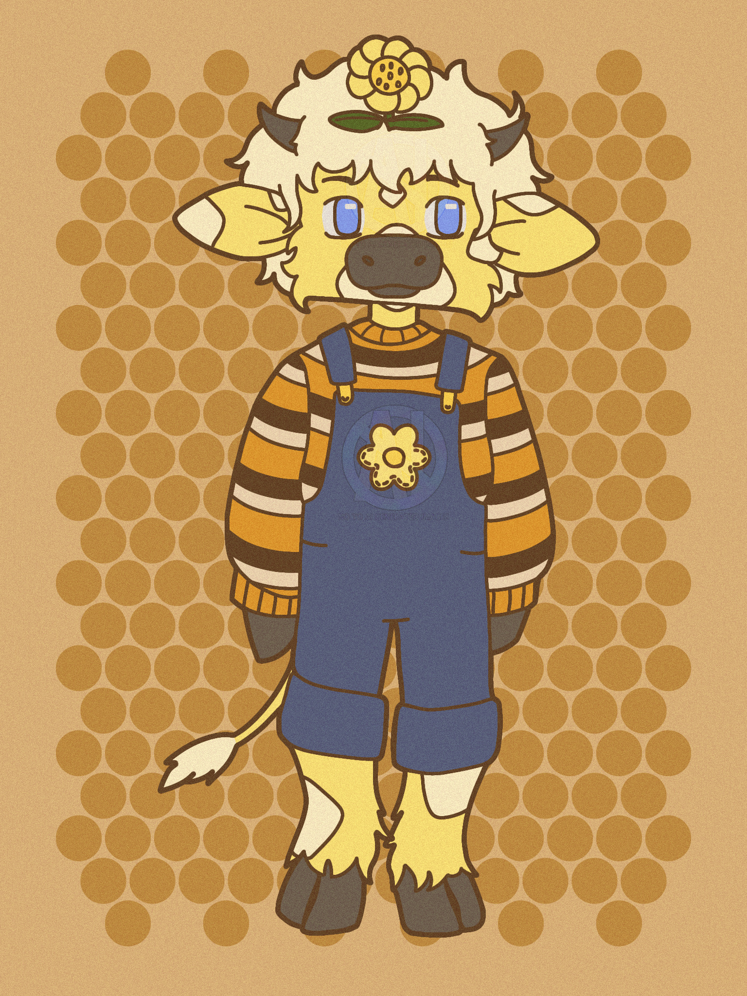 A traditional drawing of an anthropomorphic moobloom, a cow from the videogame Minecraft, with a flower on top of its head full of white-yellow hair. It's wearing blue overalls and a striped brown and orange jumper.
