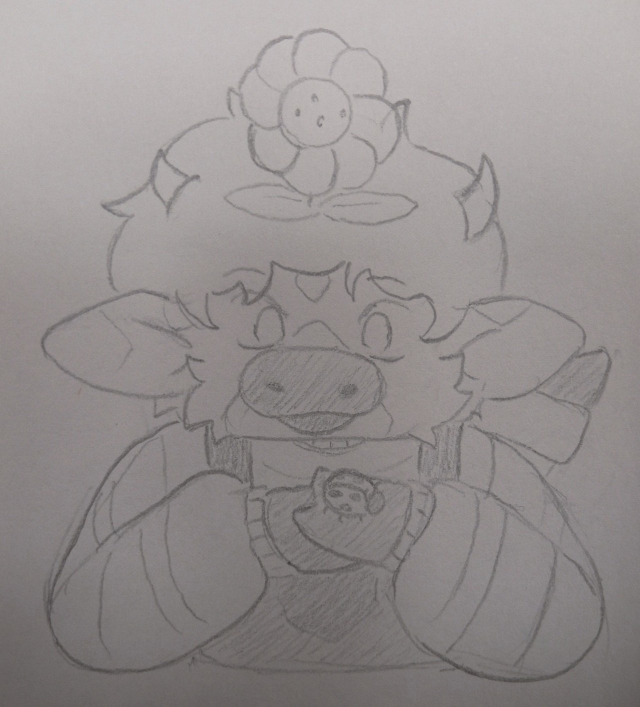 A traditional drawing of an anthropomorphic moobloom, a cow from the videogame Minecraft with a flower on top of its head. She's laying on the ground with their back legs kicking behind her. They're staring intensely at a ladybug on her hooves.