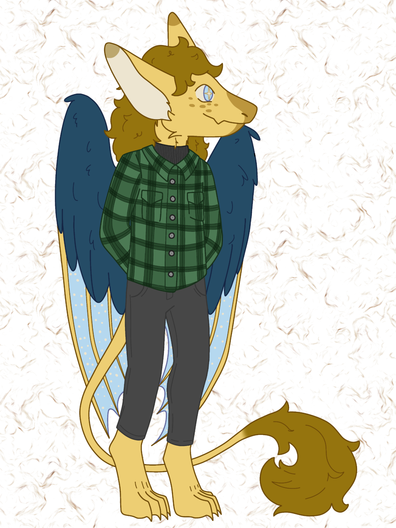 digital drawing of an anthropomorphic draconic creature. it has big pointy ears, a long muzzle, half-feathered wings, digitigrade legs and a long tail ending on a tuft of hair. its fur is golden-yellow and its wings are blue, the membranes are a lighter blue with star-like dots on the surface. its eyes are the same light blue as the membranes, the pupils white and shaped like a four-pointed star. its hair is curly and a goldish brown, on both the top of its head and its tail. it is wearing a green plaid shirt with a black turtleneck underneath, and simple dark grey jeans. it is standing with its hands behing its back and looking to the side, smiling.
