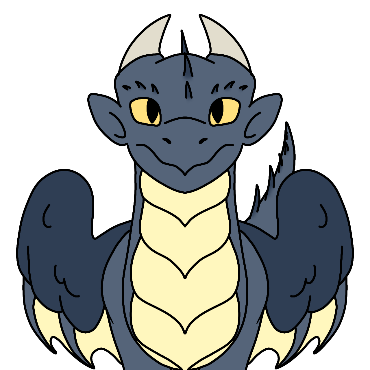 Digital drawing of a blue and light yellow dragon, with honey eyes, pale horns and half feathered half membraned wings.