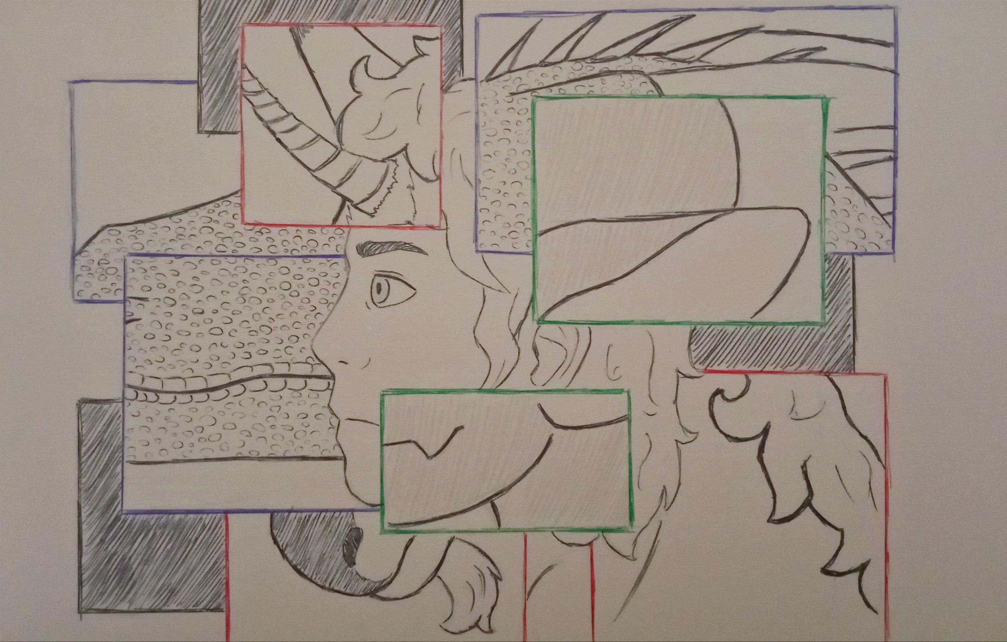 a traditional drawing with pen and paper. in the center is a person in profile, with short curly hair and a neutral expression. around them, above their head and behind them are squares with borders of three different colors: blue, green and red. in the blue-bordered squares, you can see the snout and horns of a western dragon, placed over its equivalent on the human body (the snout behind the mouth, the horns over the hair). in the green-bordered squares you can see depicted an enderman, a humanoid creature with dark skin and large ears. of the enderman you can see part of the mouth above the human jaw and the ear and part of the skull at the back of the head. in the red bordered squares are drawn the horn, the snout and the mane of a unicorn, each in their respective places on the human body (the horn on the forehead, the snout under the jaw and the mane at the back). behind the colored squares are black squares in which there is no creature represented, but they are simply colored black.