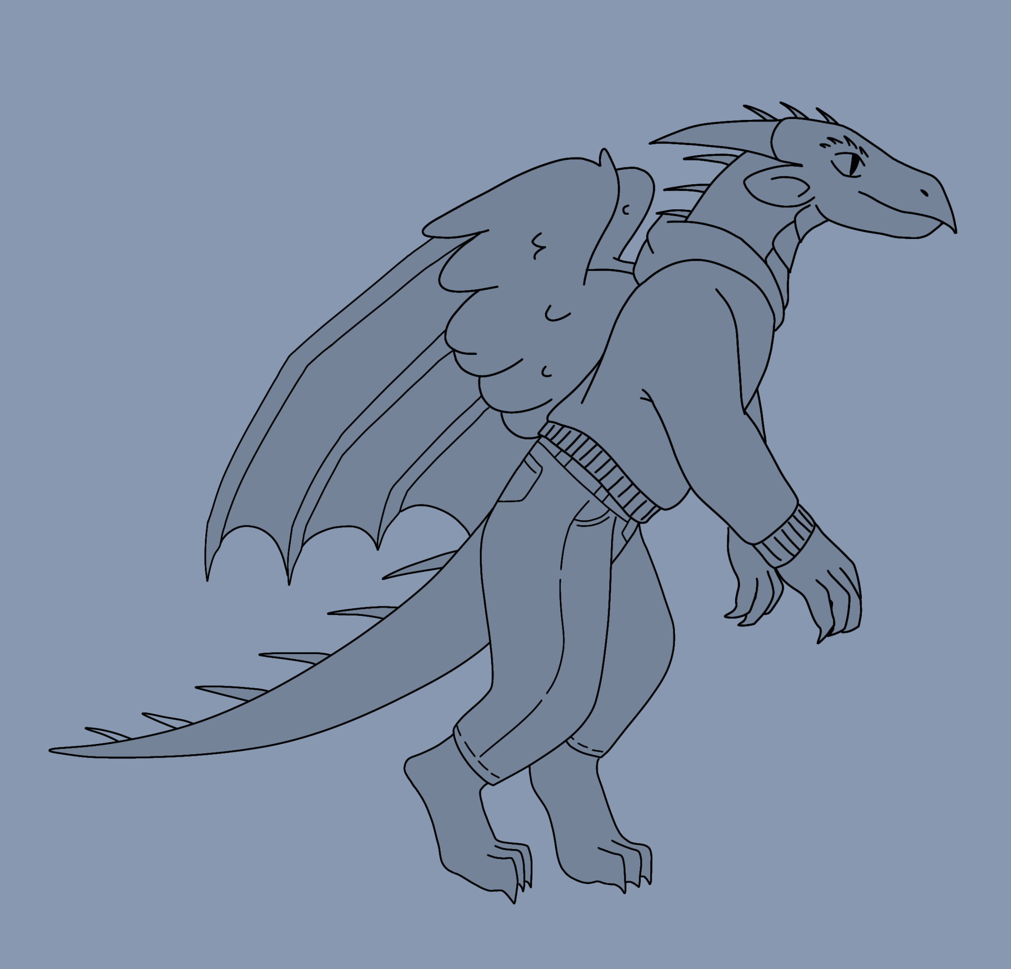 a dragon with a hoodie and jeans, half-feathered wings and a long tail to balance. it is walking upwards on two limbs, with its digitigrade legs slightly folded, its body leaning forwards and its front arms extended in front of its torso.