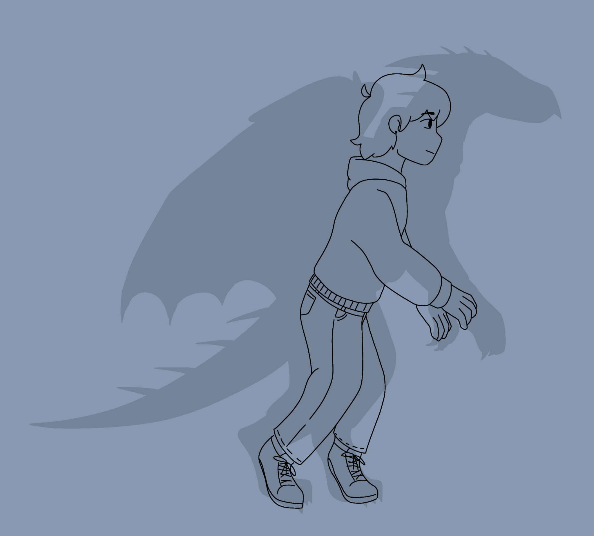 a human with short hair and the same clothes as the dragon, walking with a dragon-like gait. however, this position looks rather awkward and unbalanced in the human body, with the person walking on tiptoes, their body leaning forwards and their arms in front of their torso. the dragon silhouette is overlapped with their body to show the similarities between the two.