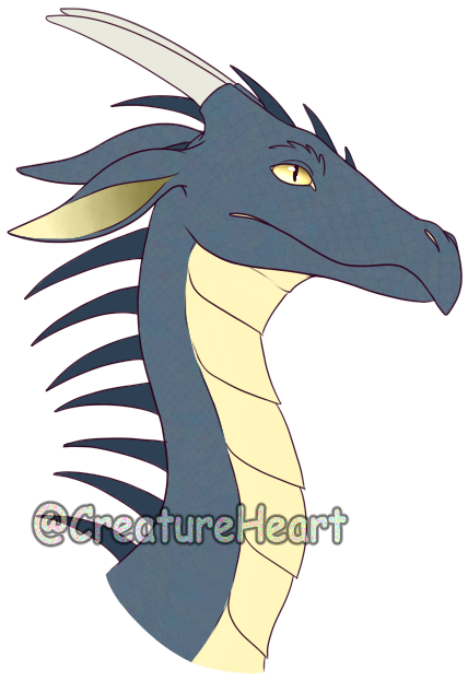 Digital portrait of a blue dragon's head. It has a long neck with pale yellow scutes on the front and dark blue spikes on the back. Its face is pointy and ends in a beak shape, it has two white horns and two ears, and its eyes are yellow.