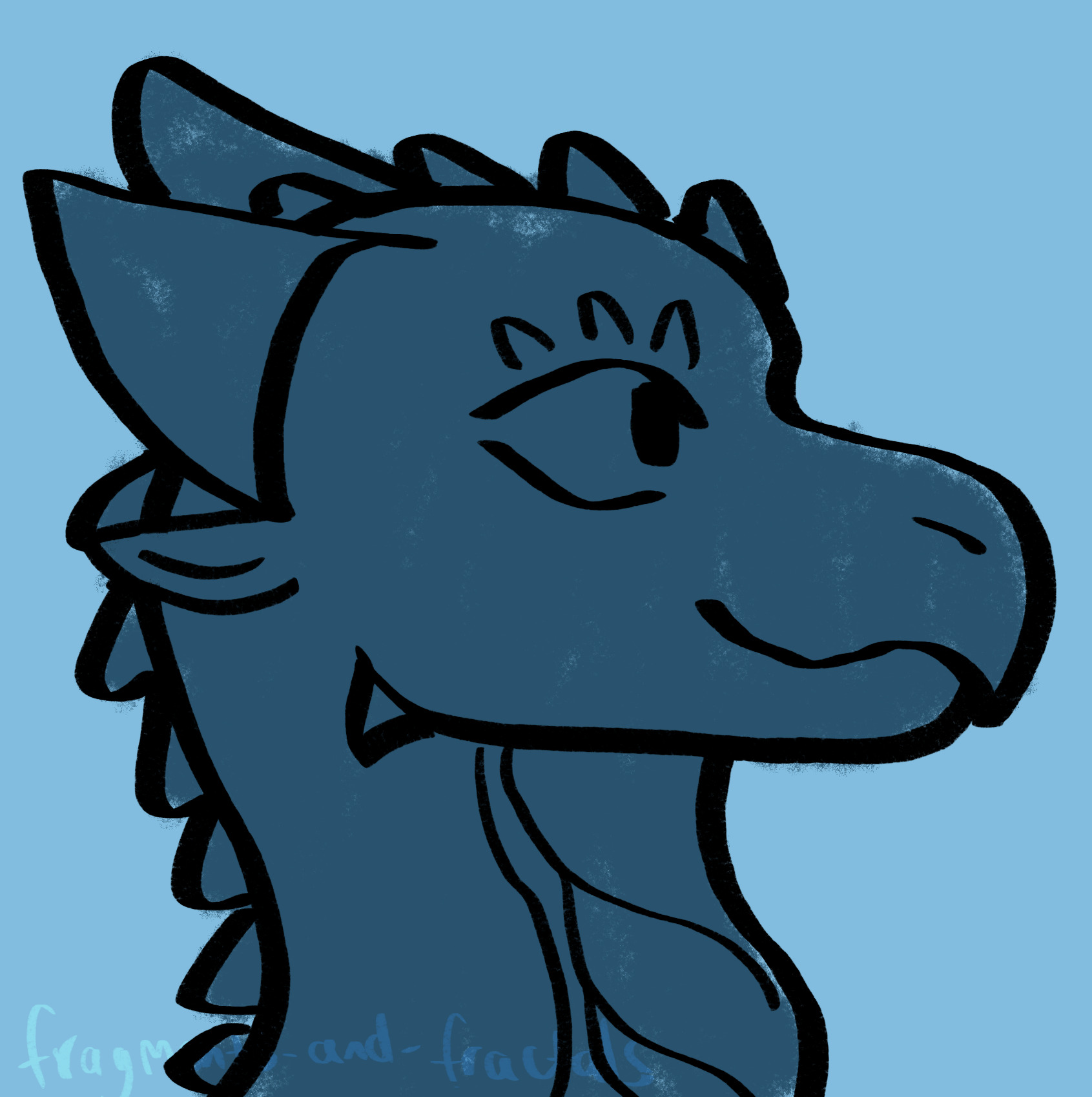 Digital sketch of a chibi dragon with big eyes, two short horns, two small ears, and a short muzzle ending in a beak shape. It is smiling.