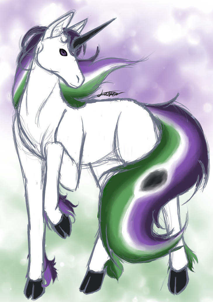 Digital sketch of a white unicorn with a black curved horn and a colorful mane that resembles the voidpunk flag. It is standing magestically with one leg raised on the air and its tail curved behind it.