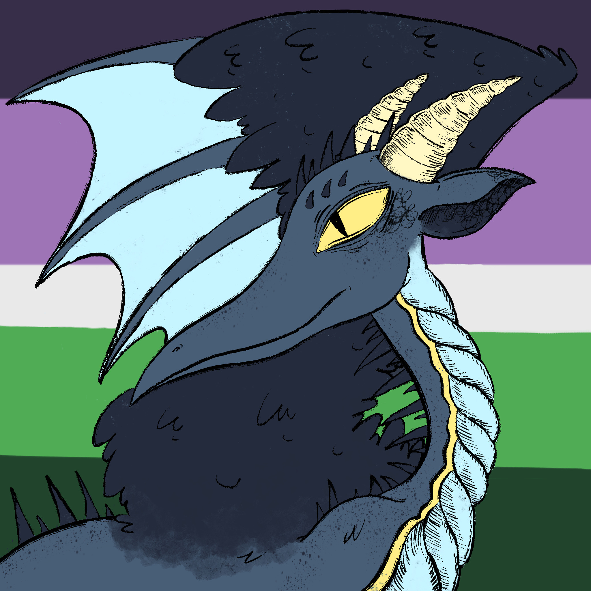 Digital drawing of a blue dragon drawn in a sort of spooky, almost caricature-like style. The dragon's face is very pointy and its eye big, yellow and very prominent in the face. It has two short but sharp horns and two ears. Its head is turned over its body in an exaggerated manner, its half-feathered wing stretched behind it. In the background there is a voidpunk flag.