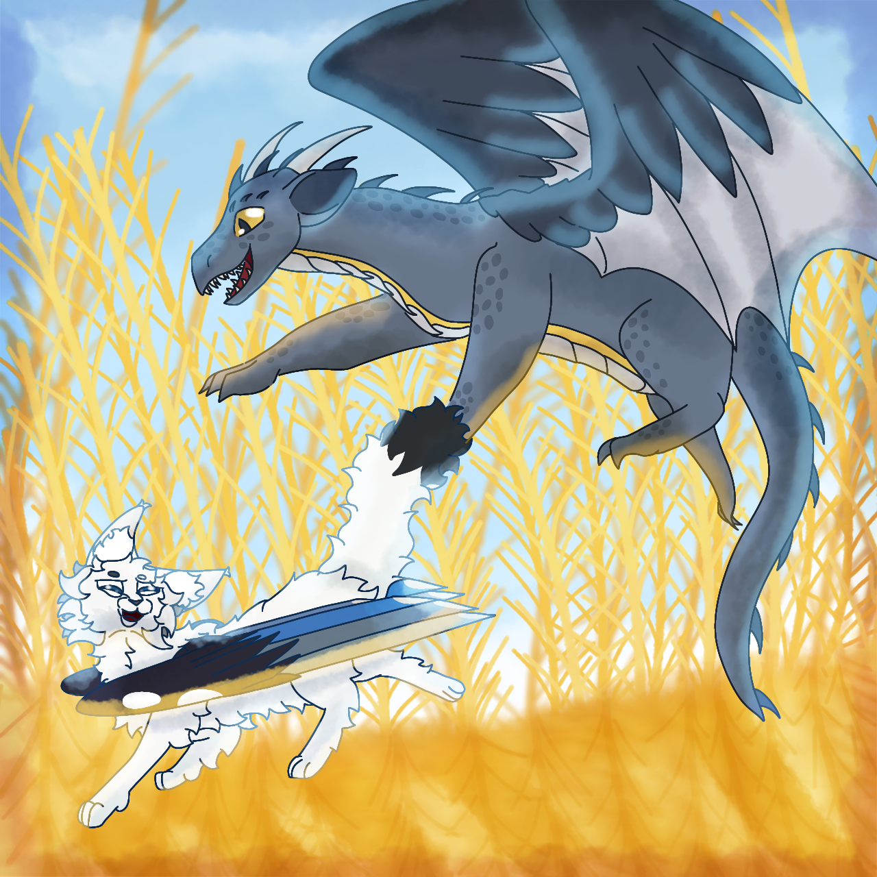 Digital drawing of a blue dragon and a white winged cat playing in a wheat field. The dragon is jumping over the cat, voids half feathered wings stretched behind it, and has a happy expression on dreir face. The cat is laughing while running away from the dragon, and his two magpie wings are closed behind its back. The drawing is fully colored, and the lighting gives it warm and soft feeling.