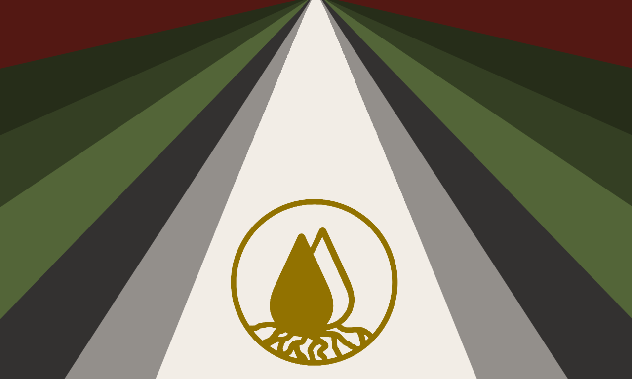 an archetrope flag. it features rays of color eminating from the center-top of the field, with the archetrope symbol in the middle. the colors are, starting from the center to the sides: white, grey, black, light green, green, dark green and dark red. the symbol, a cicle with two seeds and roots under them, is gold in color.